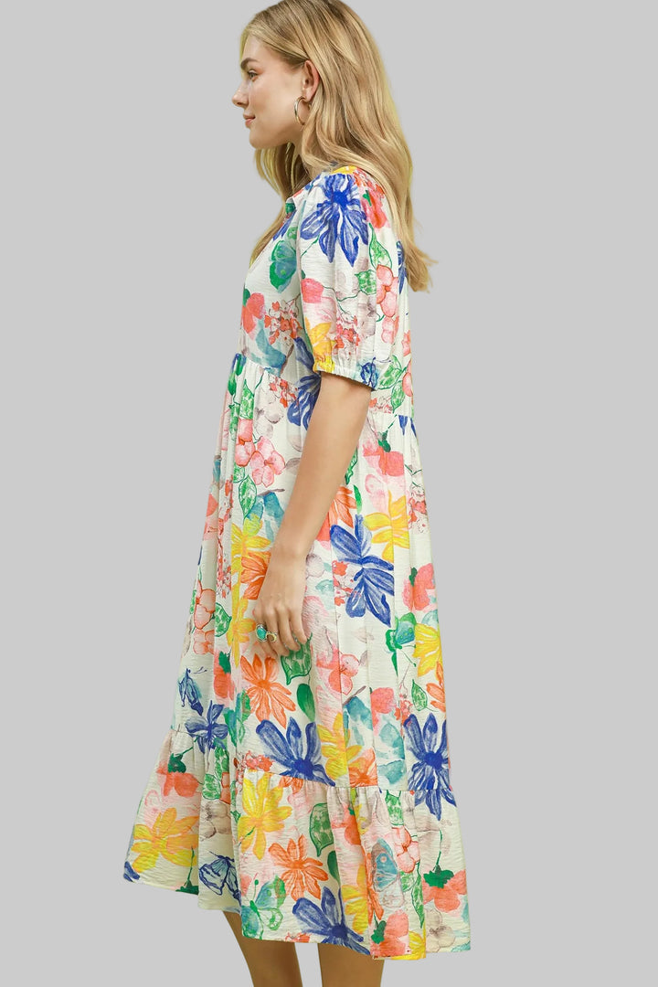 ABSTRACT PRINT COLLARED MIDI DRESS - GREEN MIX