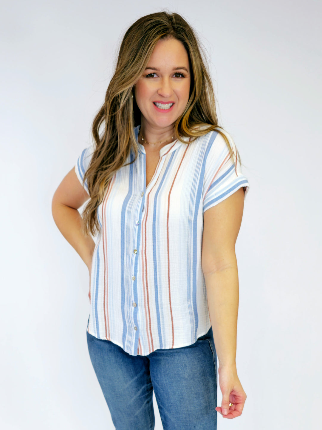 STRIPED GAUZY BUTTON UP CAP SLEEVE TOP - CHAMBRAY