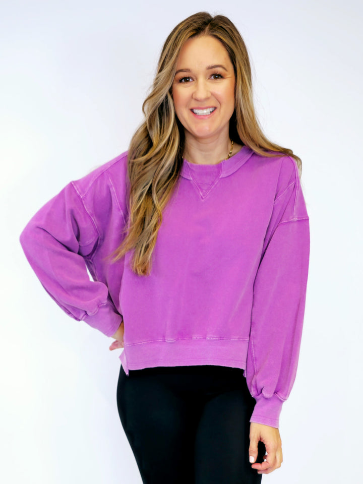 MINERAL WASHED TERRY KNIT PULLOVER - ORCHID