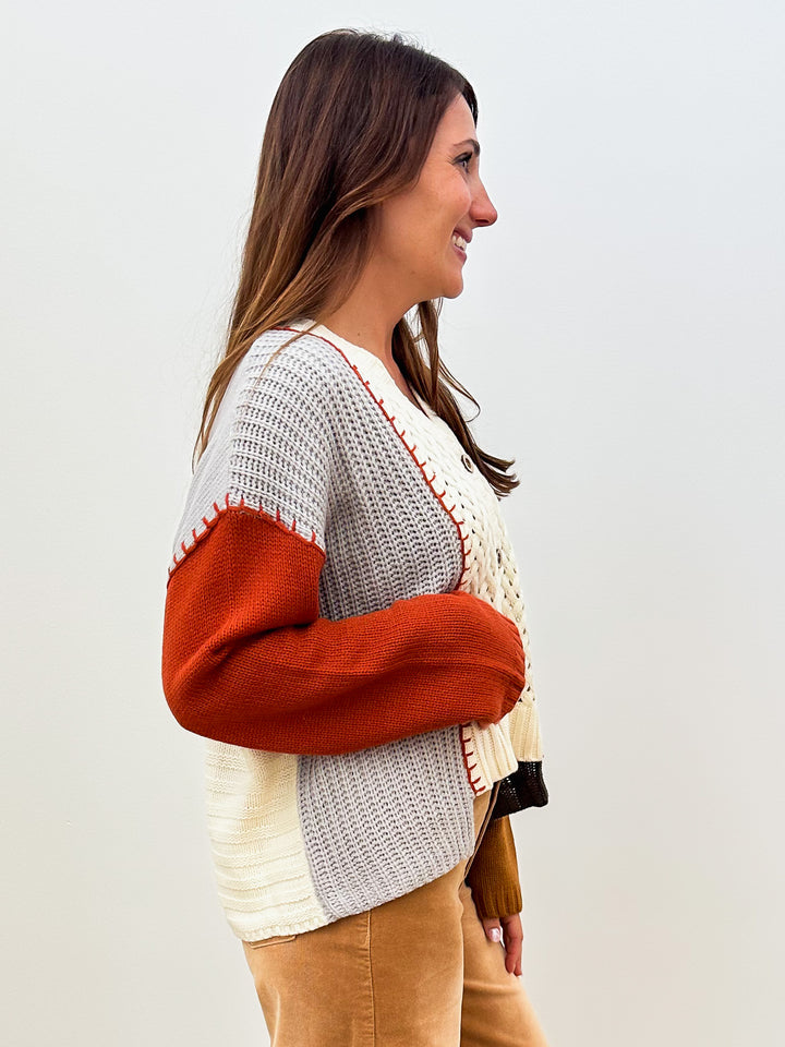 COLOR BLOCKED KNIT BUTTON UP SWEATER - IVORY MIX