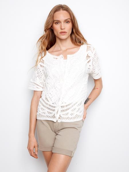SHORT SLEEVE CROCHET SWEATER W/BACK BUTTONS - WHITE