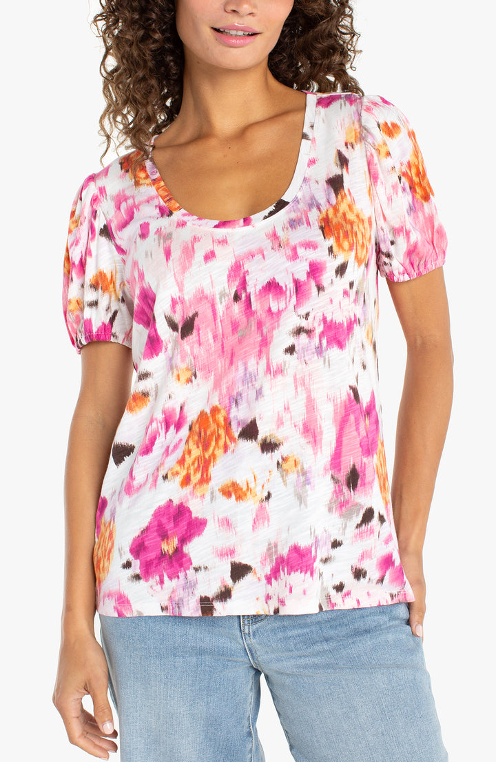 PUFF SLEEVE SCOOP NECK KNIT TOP - PINK FLORAL