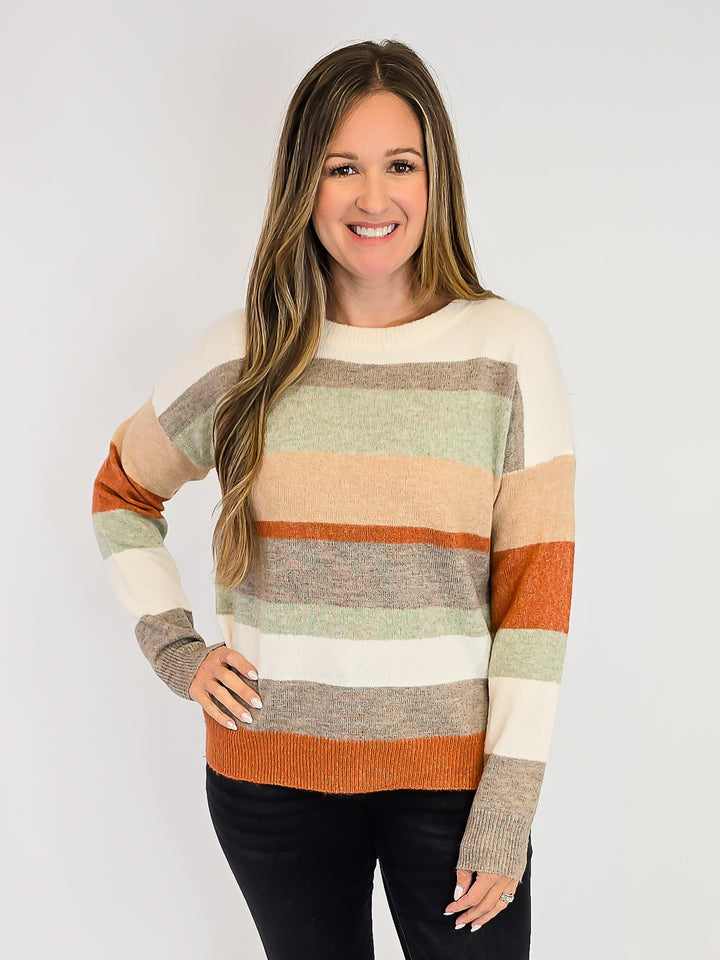 COLOR BLOCKED CREW NECK SWEATER - MOCHA/TAUPE