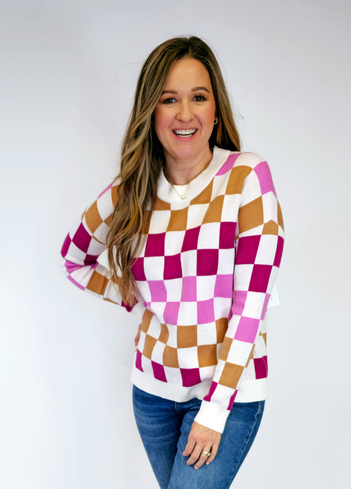 CHECKERBOARD PULLOVER SWEATER - PINK