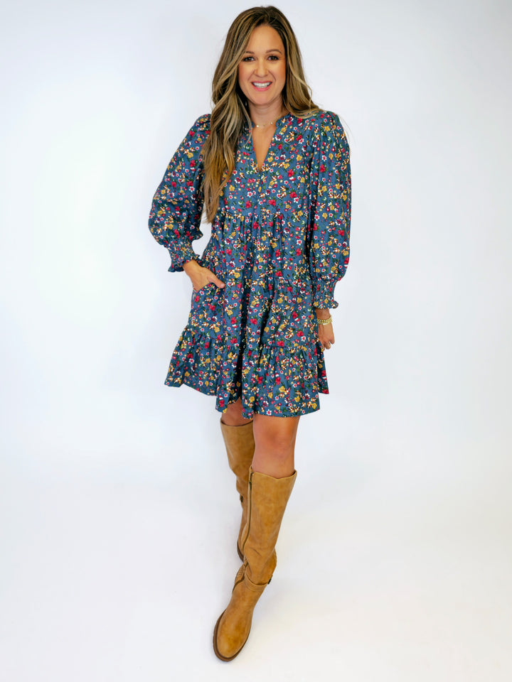 FLORAL CORDUROY TIERED SMOCKED LONG SLEEVE DRESS - DUSTY BLUE