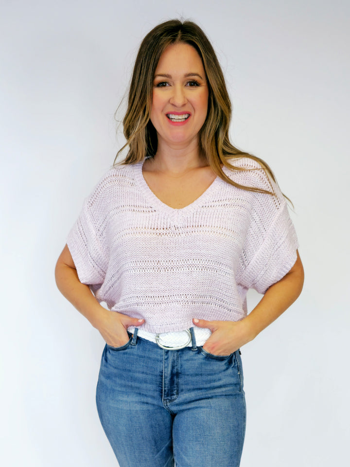 MELANGE RELAXED CROPPED PULLOVER SWEATER - LAVENDER