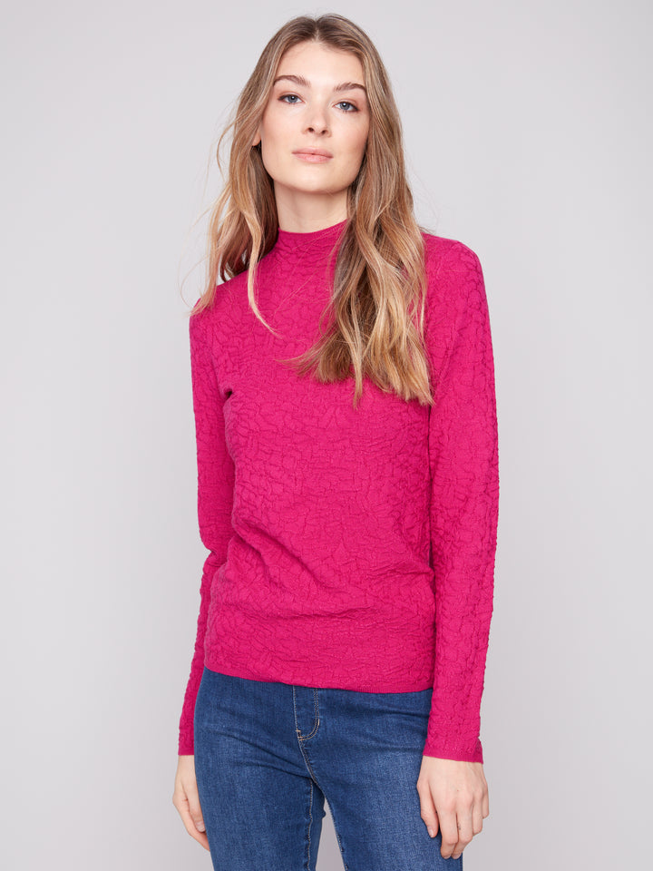 MOCK NECK TEXTURED SWEATER KNIT - HIBISCUS