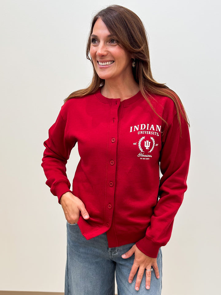 IU COLLEGIATE FLEECE CARDIGAN - CRIMSON