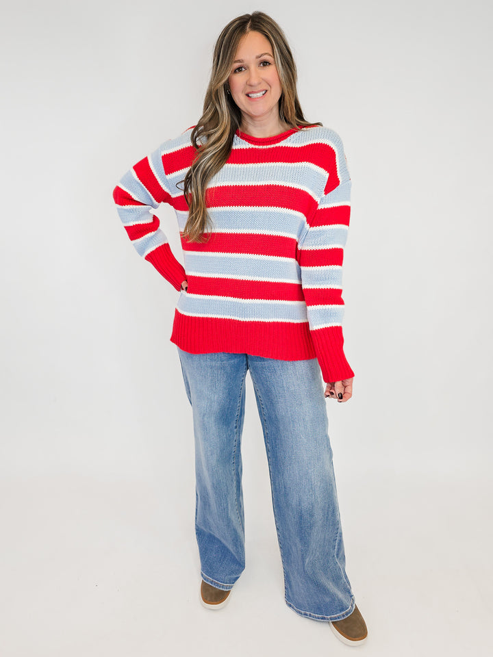 LONG SLEEVE WIDE STRIPED PULLOVER - RED COMBO
