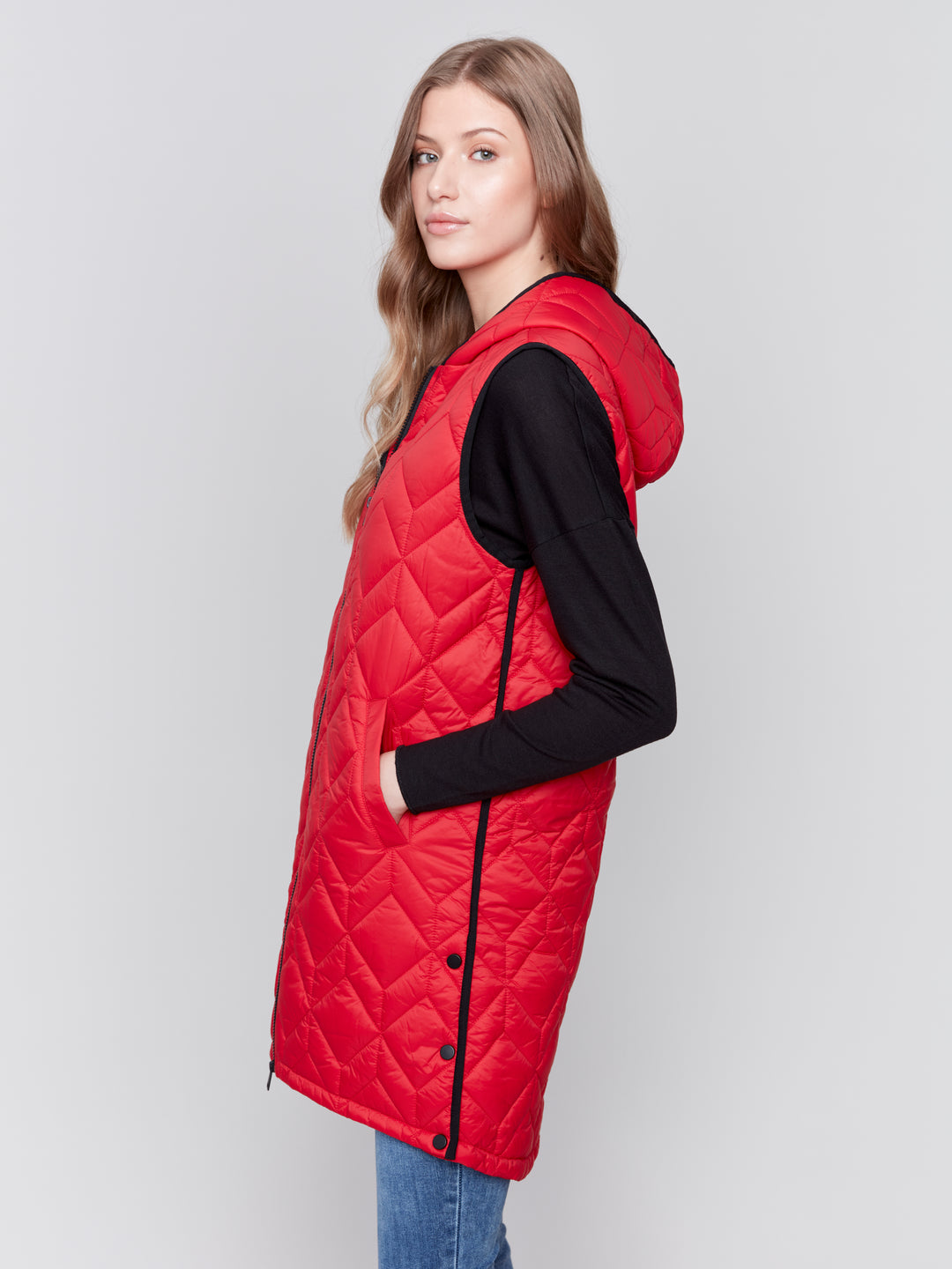 LONG QUILTED HOODED PUFFER VEST - CRANBERRY