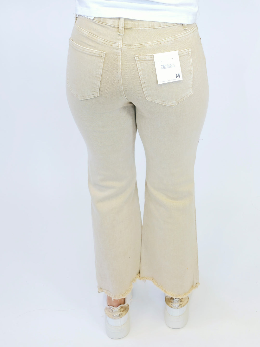 ACID WASHED HIGH WAIST FRAYED HEM BOOTCUT PANTS - SAND BEIGE