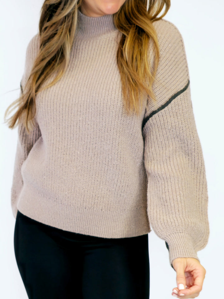 COLOR BLOCK MOCK NECK SWEATER - MOCHA