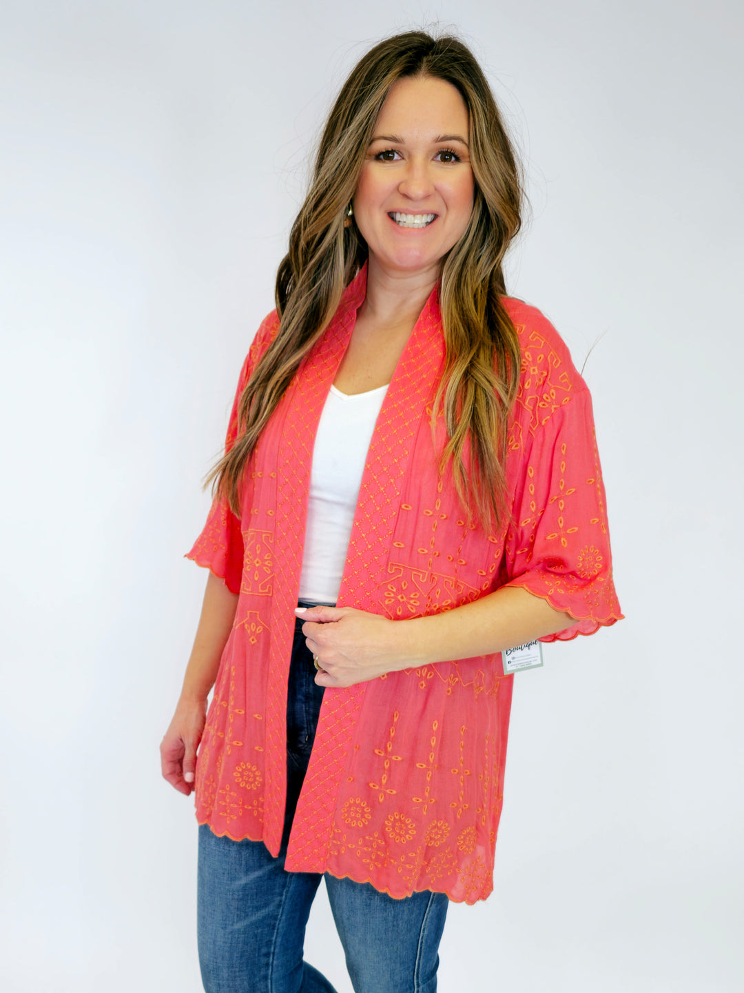 SHORT SLEEVE EMBROIDERED CARDIGAN - CORAL