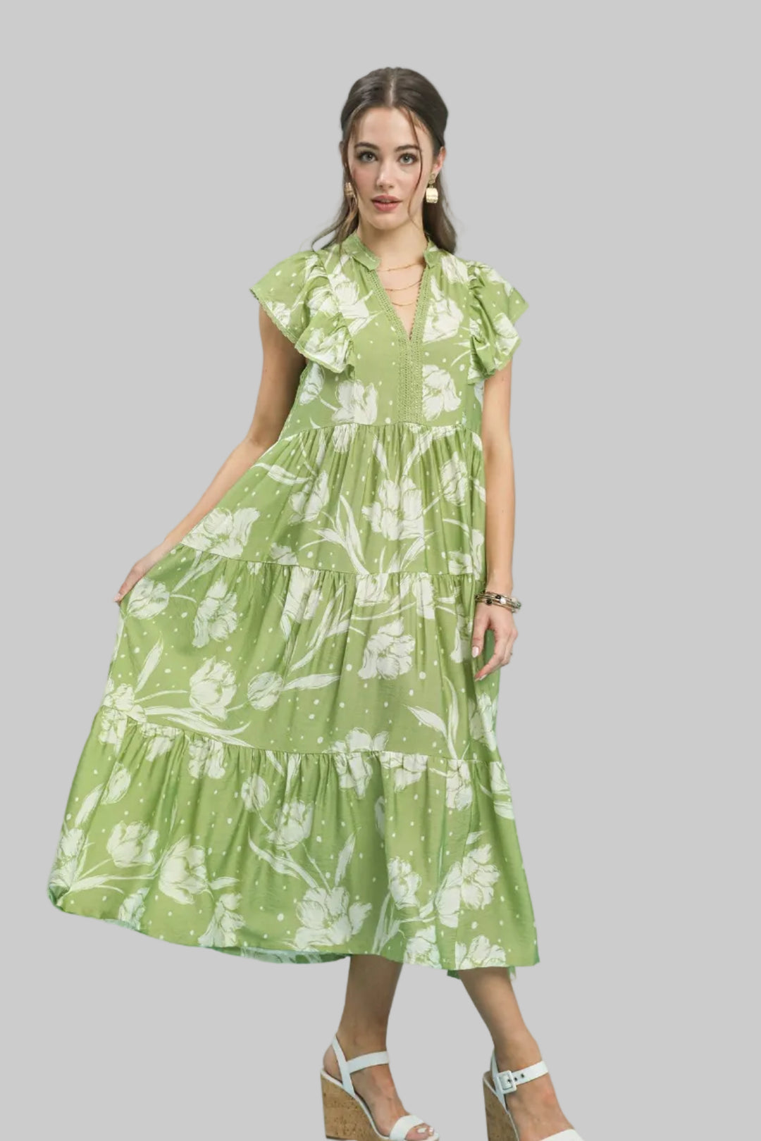 TWO TONE FLORAL PRINT MIDI DRESS - SAGE/CREAM