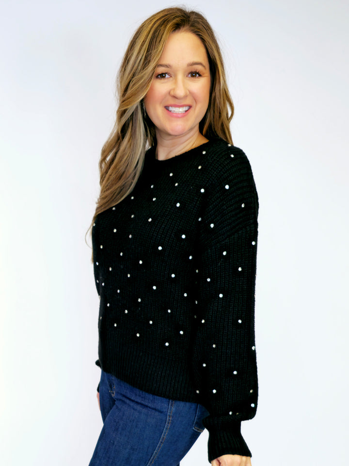 RHINESTONE CREW NECK SWEATER - BLACK