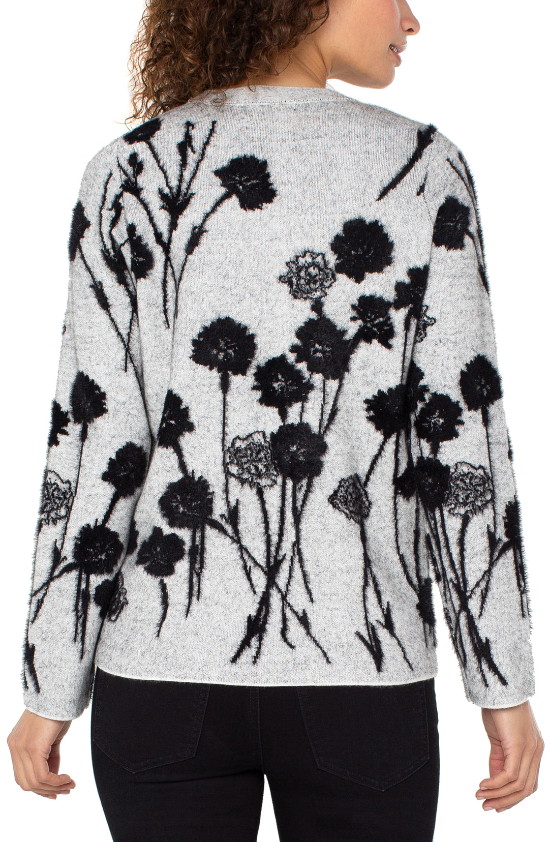 LONG SLEEVE CREW NECK SWEATER - LIGHT GREY BLACK FLORAL