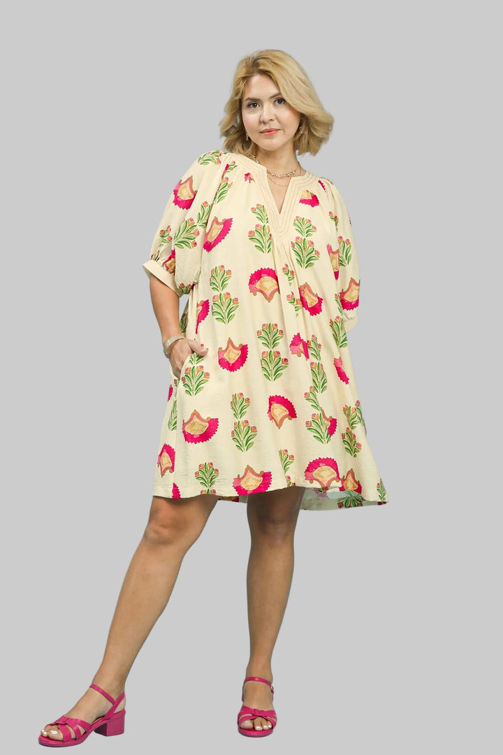 PUFF SLEEVE ABSTRACT PRINT SHORT DRESS - CREAM