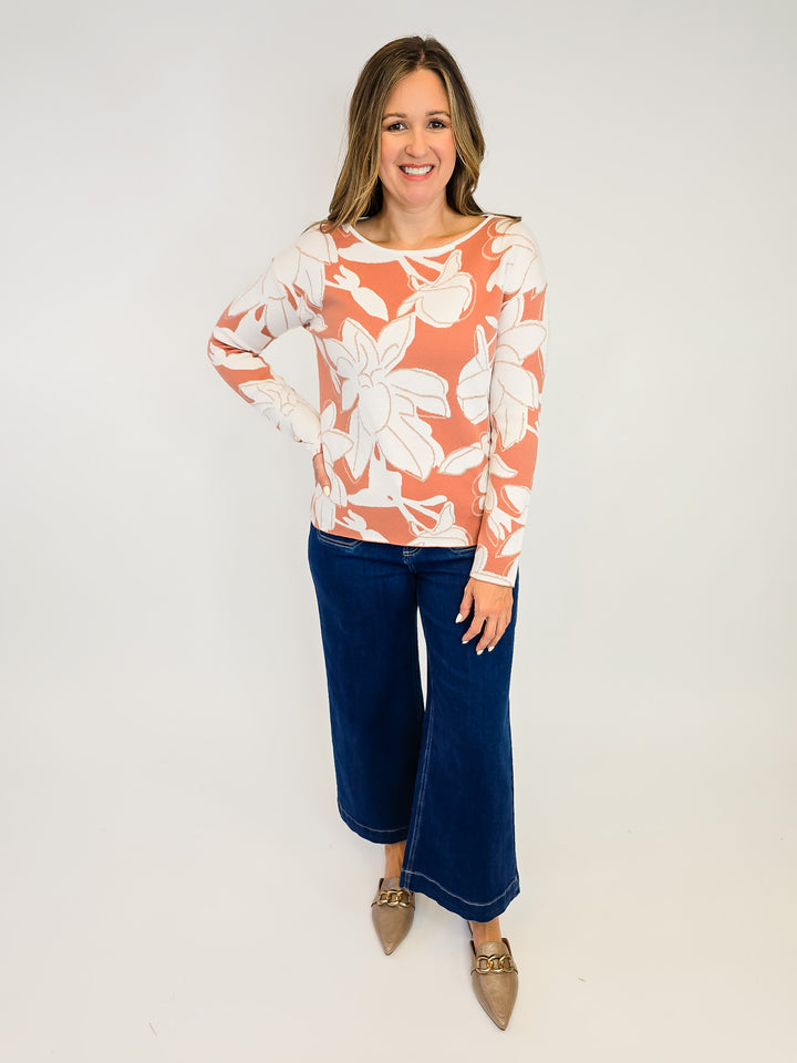 JACQUARD FLORAL SWEATER - DEEP CORAL