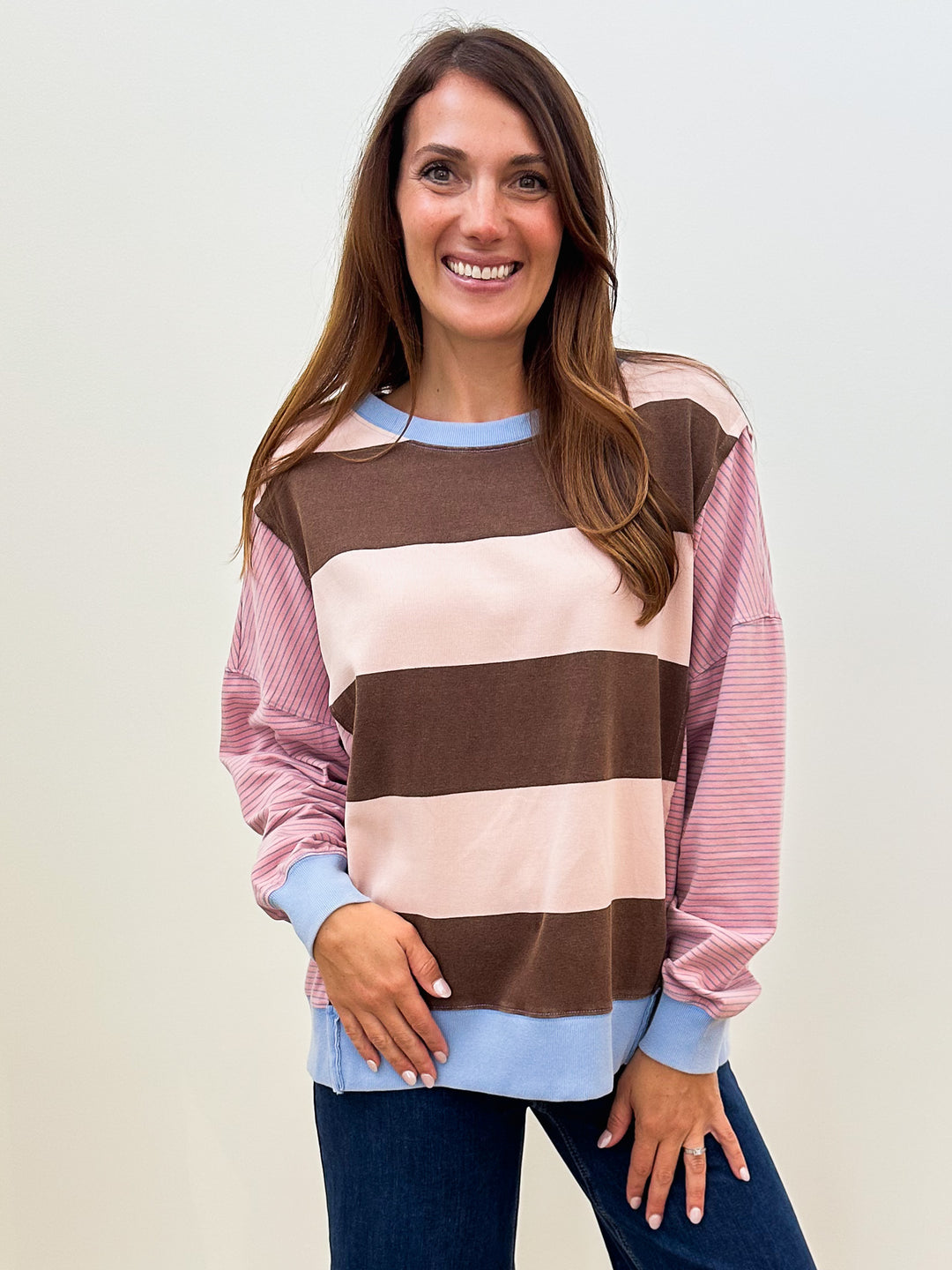 L/S STRIPE MIX WASHED TERRY OVERSIZED PULLOVER - STRAWBERRY CHOCOLATE
