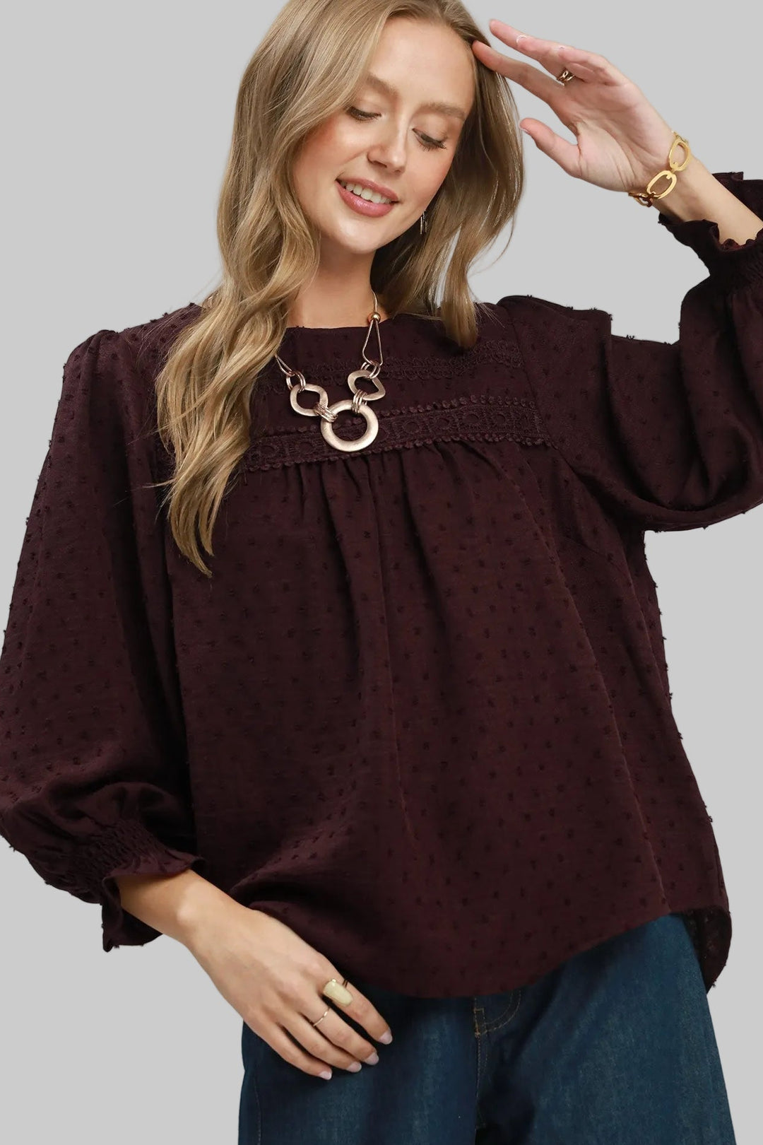 LONG PUFF SLEEVE LACE CROCHET TOP - BURGUNDY