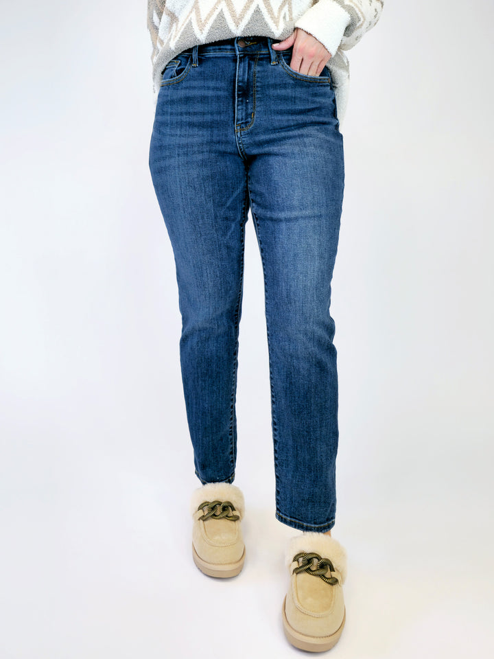 JUDY BLUE HIGH WAIST SHIELD BACK POCKET SLIM JEANS - DARK WASH - INSEAM 29"