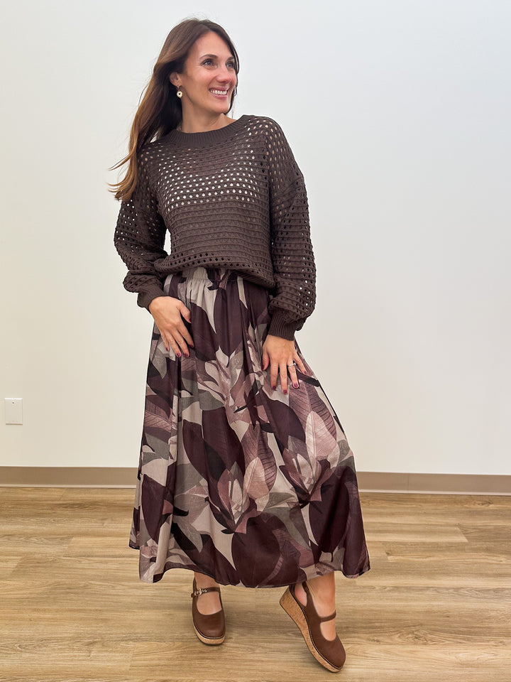 OPEN KNIT CROCHET PULLOVER SWEATER - CHOCOLATE