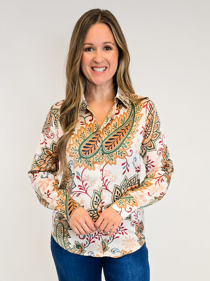 PAISLEY PRINT SILKY BUTTON DOWN BLOUSE - CHAMPAGNE