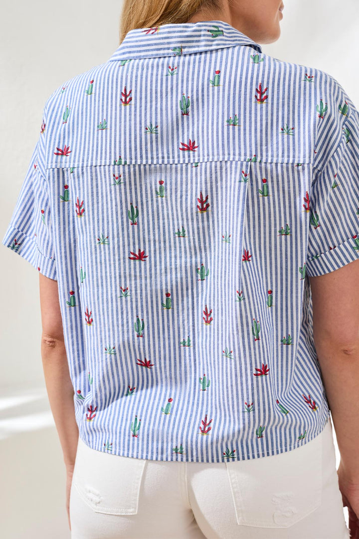 SHORT SLEEVE BUTTON FRONT BLOUSE - WHITE STRIPED