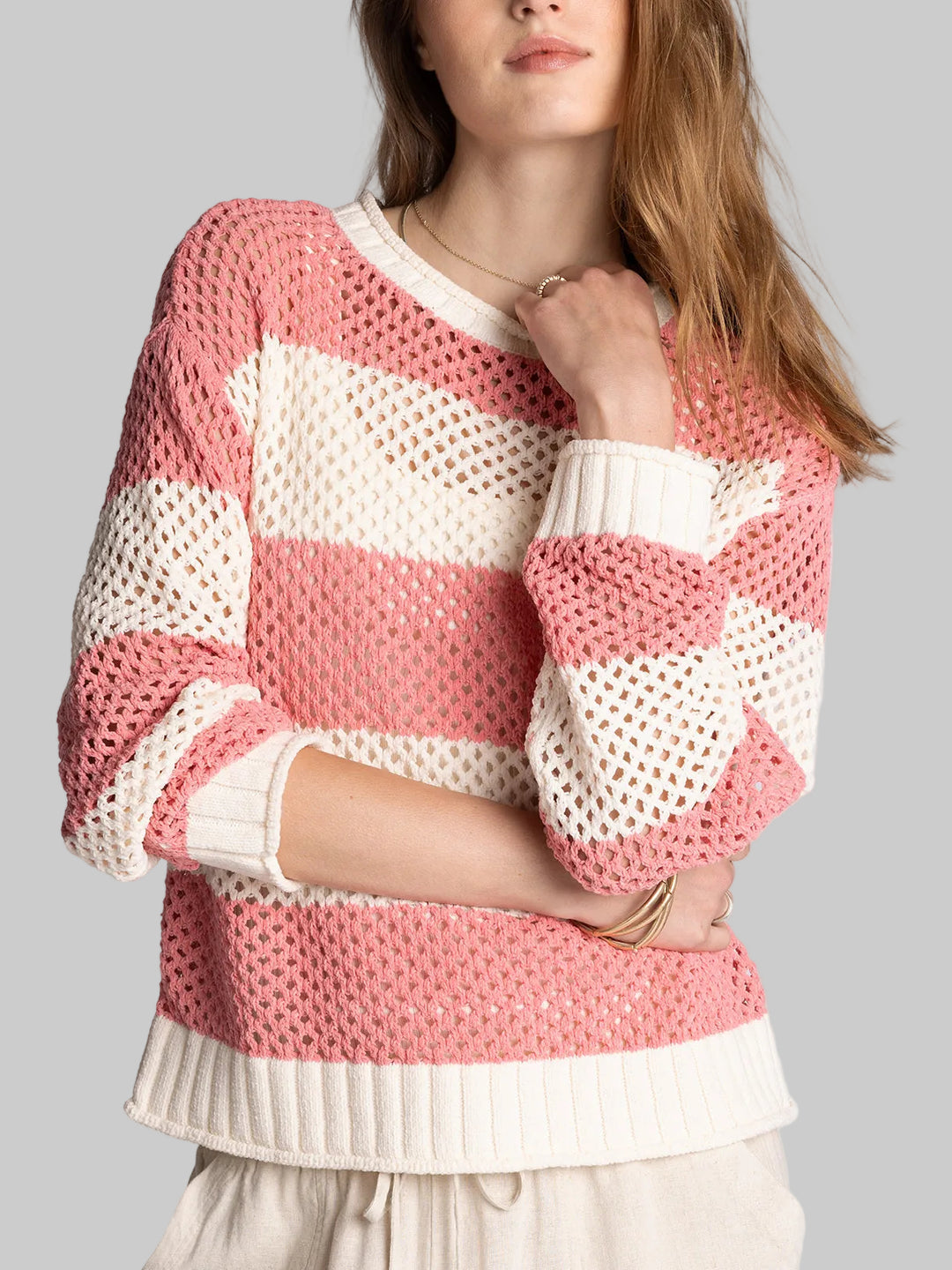 CREW NECK OPEN KNIT FLORIANA SWEATER - CREAM ROSE