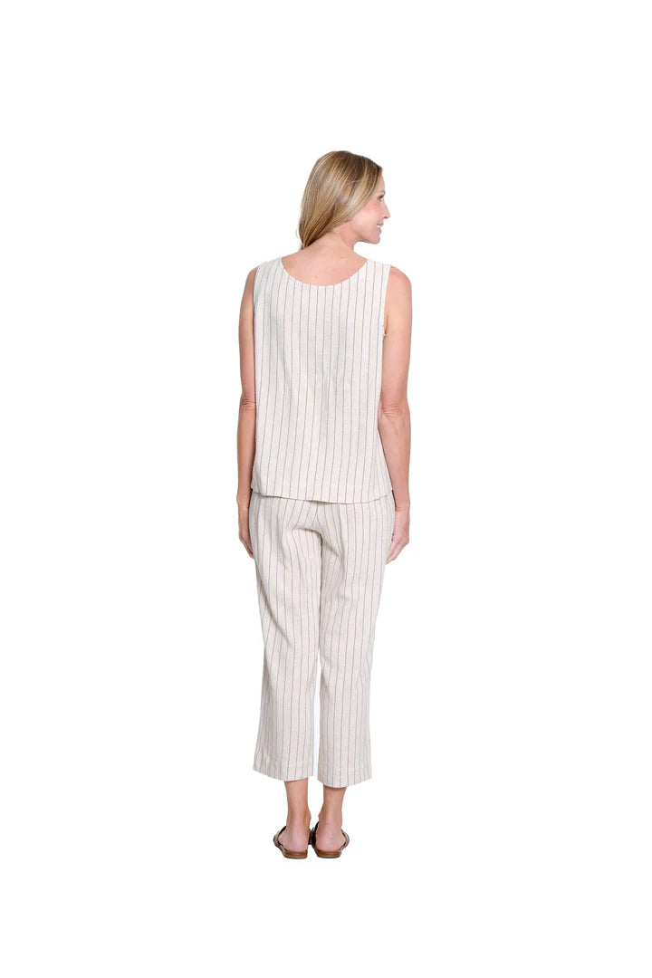 DRAWSTRING ELASTIC WAIST PULL ON CROP PANTS - PINSTRIPE FLAX