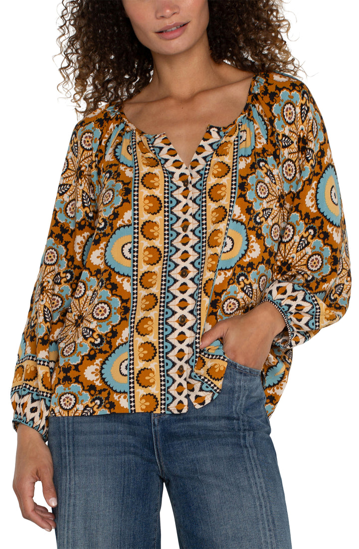 LONG SLEEVE BUTTON FRONT WOVEN BLOUSE - OCEAN JASPER