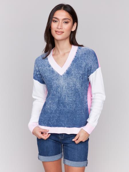 COLOR BLOCK V-NECK SWEATER - DENIM