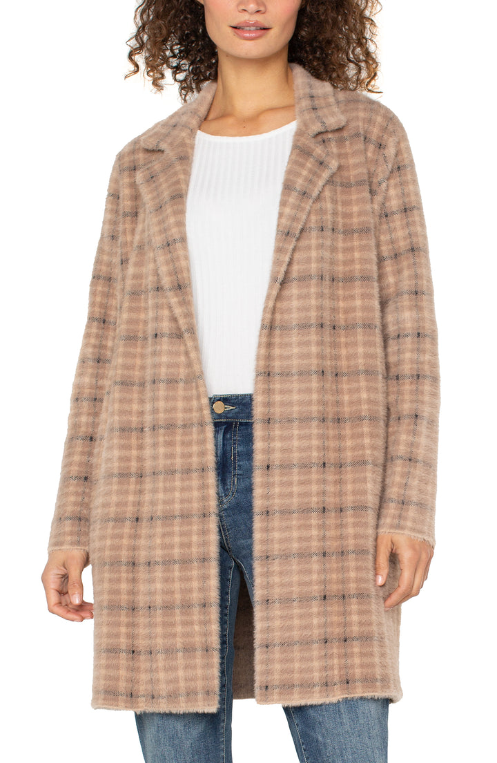 LONG SLEEVE OPEN FRONT SWEATER COAT - CARMEL CREAM PLAID