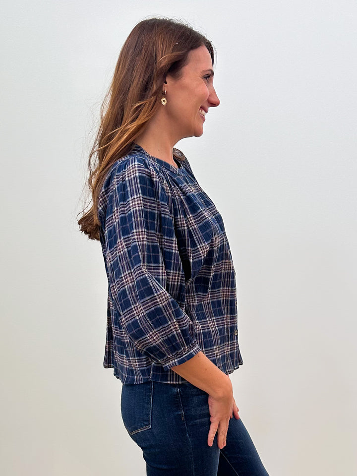 BUBBLE SLEEVE PLAID BUTTON DOWN BLOUSE - NAVY