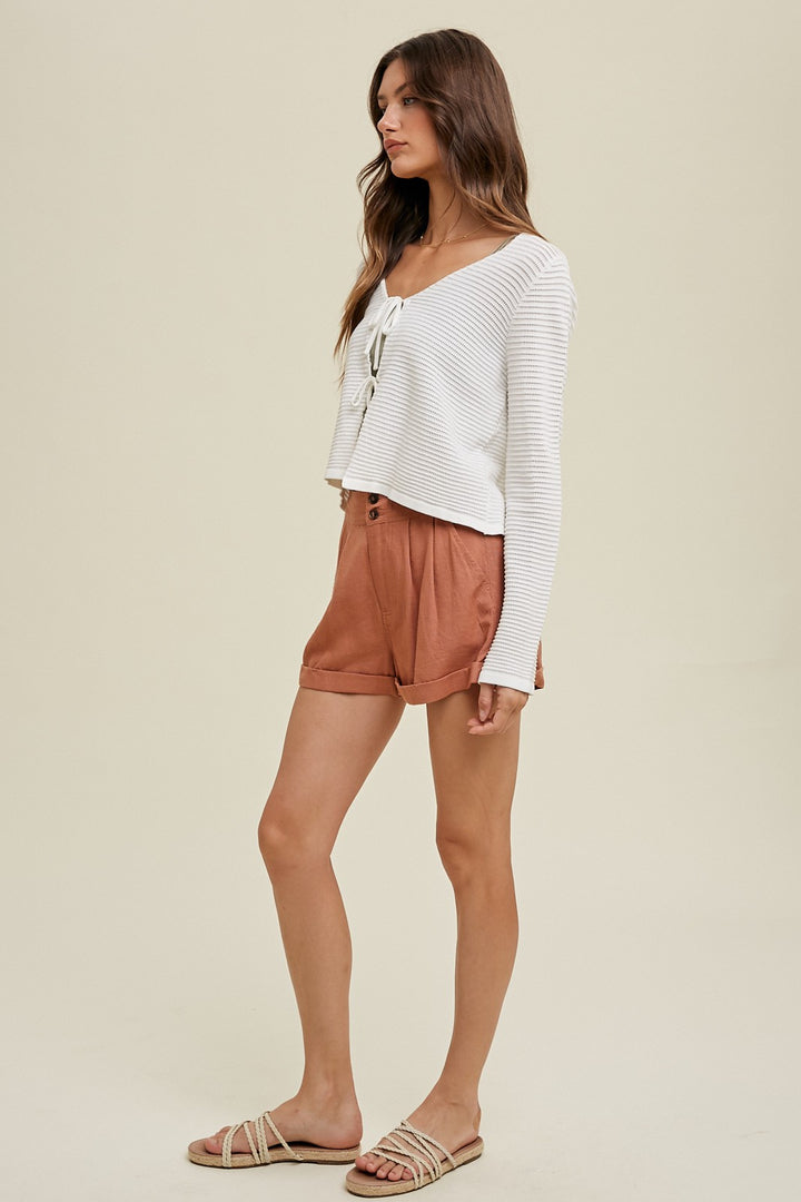LONG SLEEVE OPEN SWEATER WITH FRONT TIES - IVORY