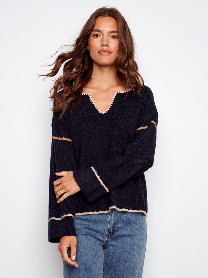 NOTCHED NECK RIB EMBROIDERED SWEATER - NAVY
