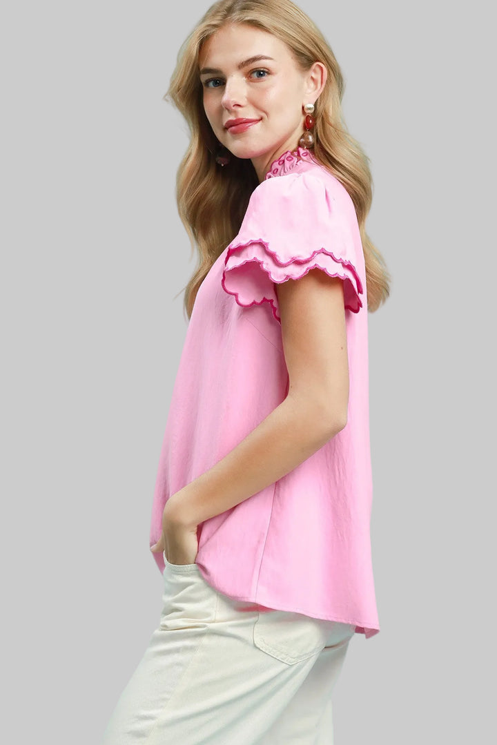 BUBBLE FLUTTER SLEEVE SCALLOPED FRILLED DETAIL NECK TOP - PEONY