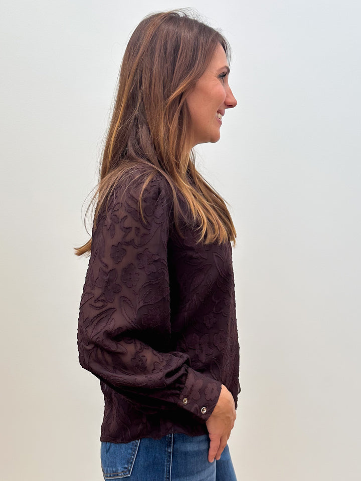 L/S FLORAL JACQUARD BLOUSE - BROWN