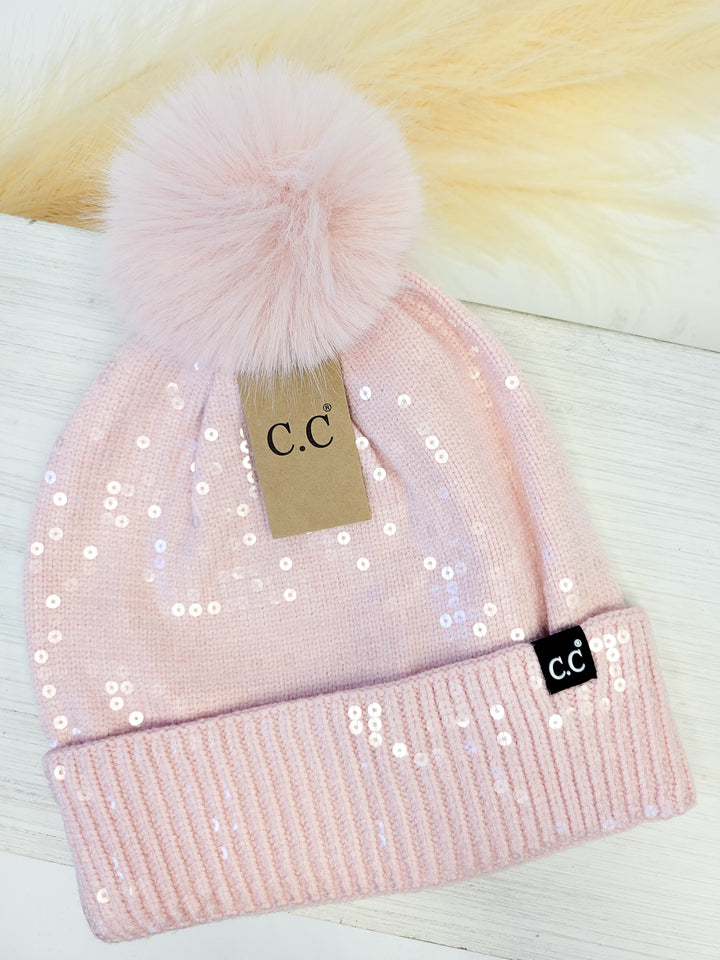 SEQUIN POM BEANIE HAT, PINK