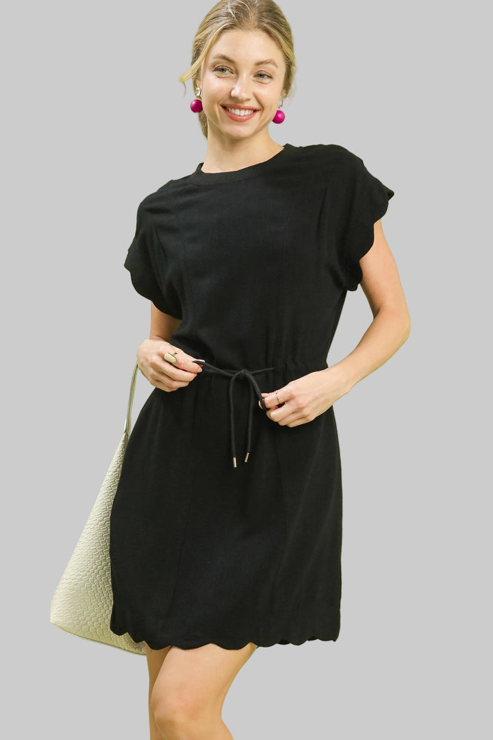 LINEN BLEND DRAWSTRING WAIST AND SCALLOPED TRIM SHORT DRESS - BLACK