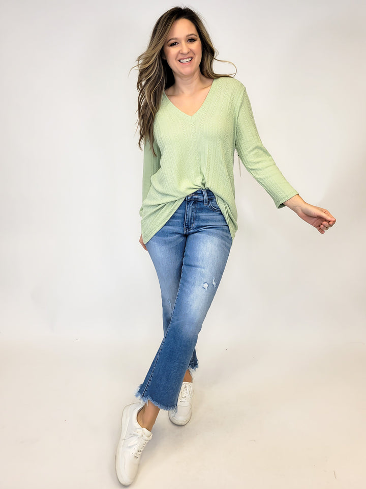 TWIST FRONT 3/4 SLEEVE SOLID KNIT TOP - SAGE BRUSH