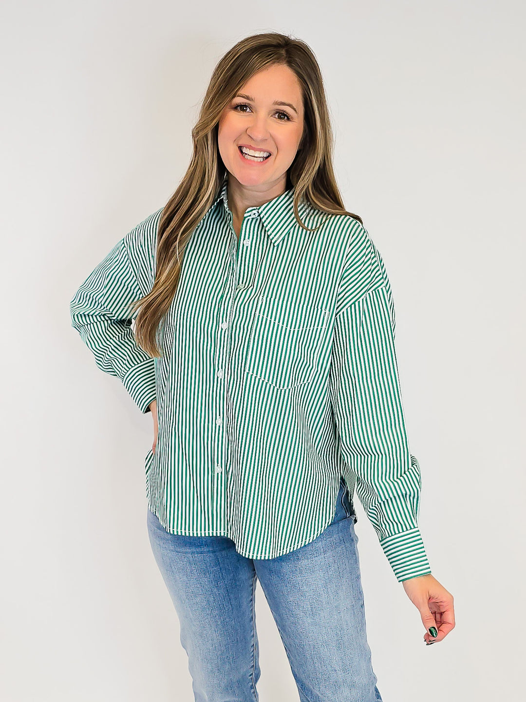 COLLARED STRIPED BUTTON UP SHIRT - GREEN