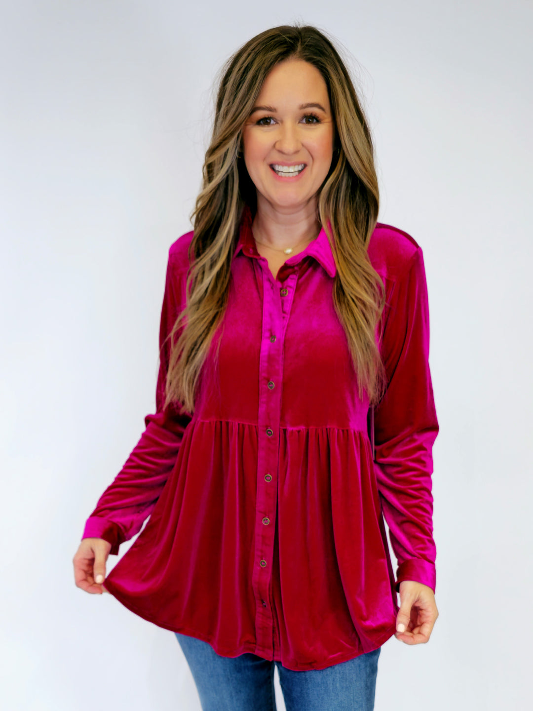 VELVET BUTTON DOWN LONG SLEEVE TUNIC - RASPBERRY