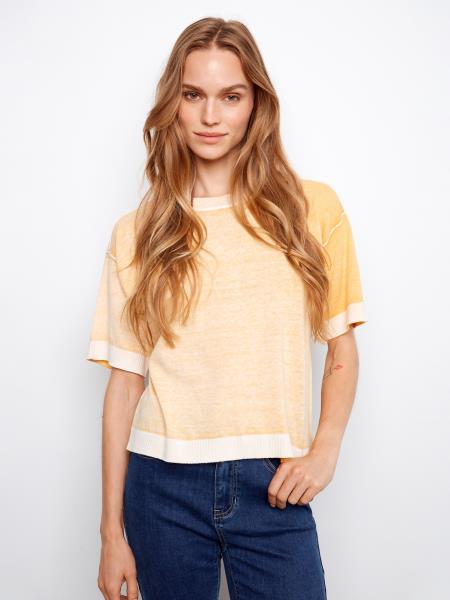REVERSE PRINT SHORT SLEEVE CREW NECK SWEATER - SUNSHINE