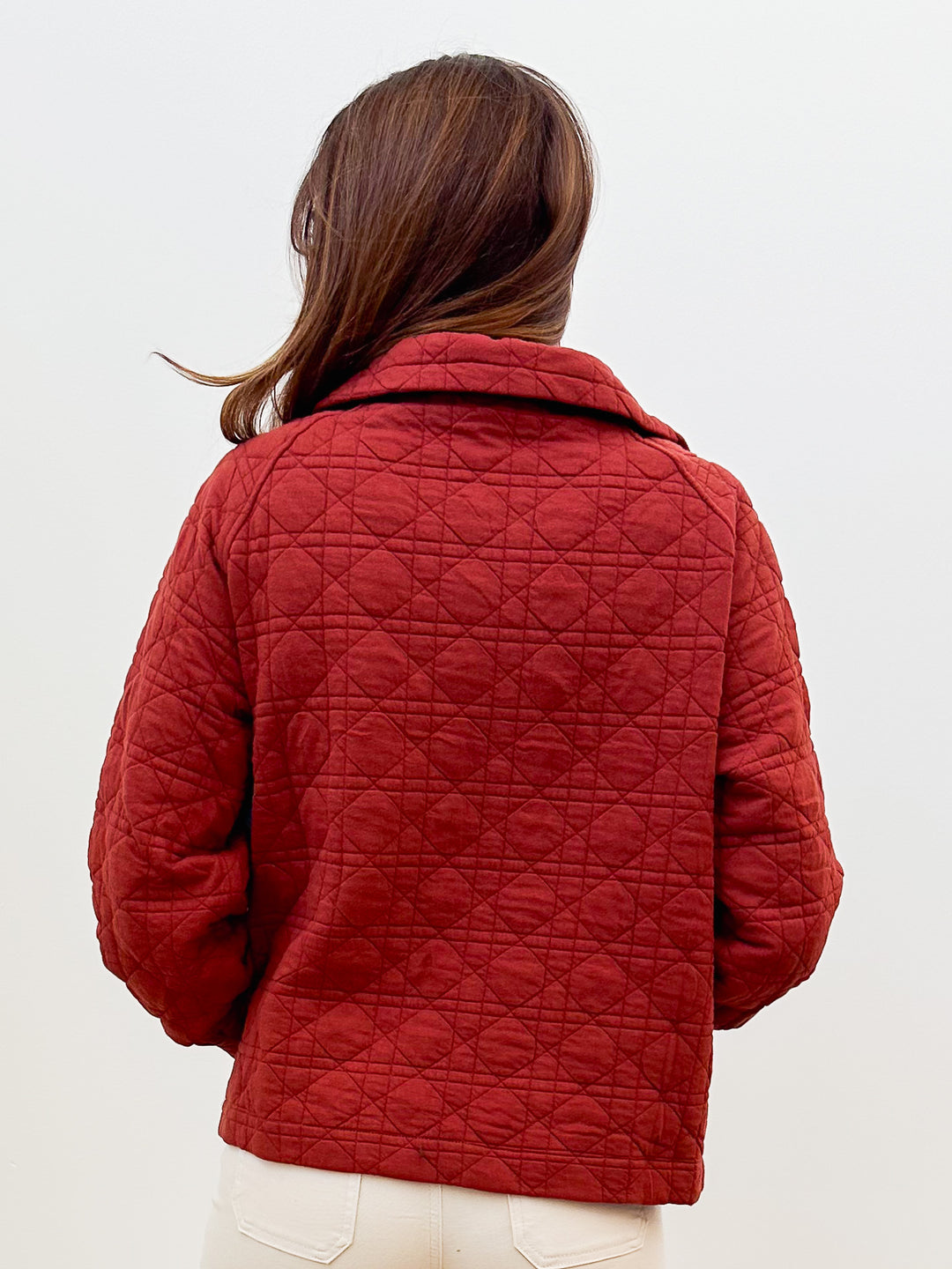 QUILTED HIGH COLLAR ZIP UP PULLOVER - RUST