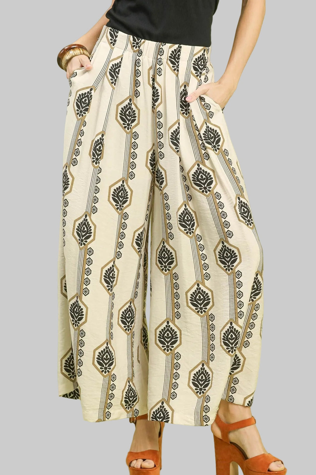 GEOMETRIC BOHO PRINT WIDE LEG PANTS - BLACK