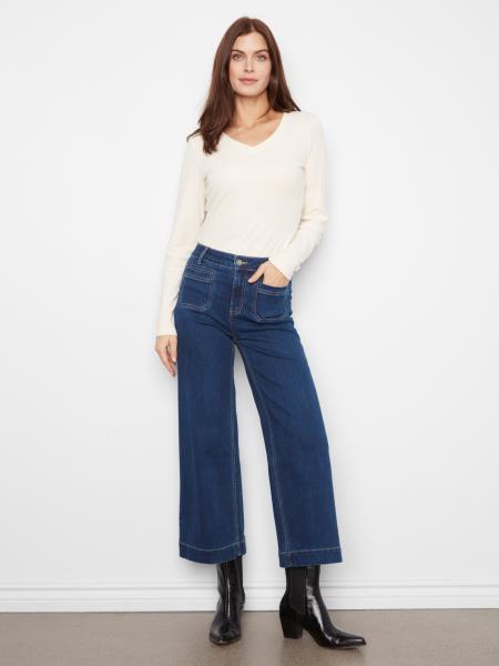 CROPPED INSERT POCKET WIDE LEG STRETCH DENIM PANTS - INDIGO