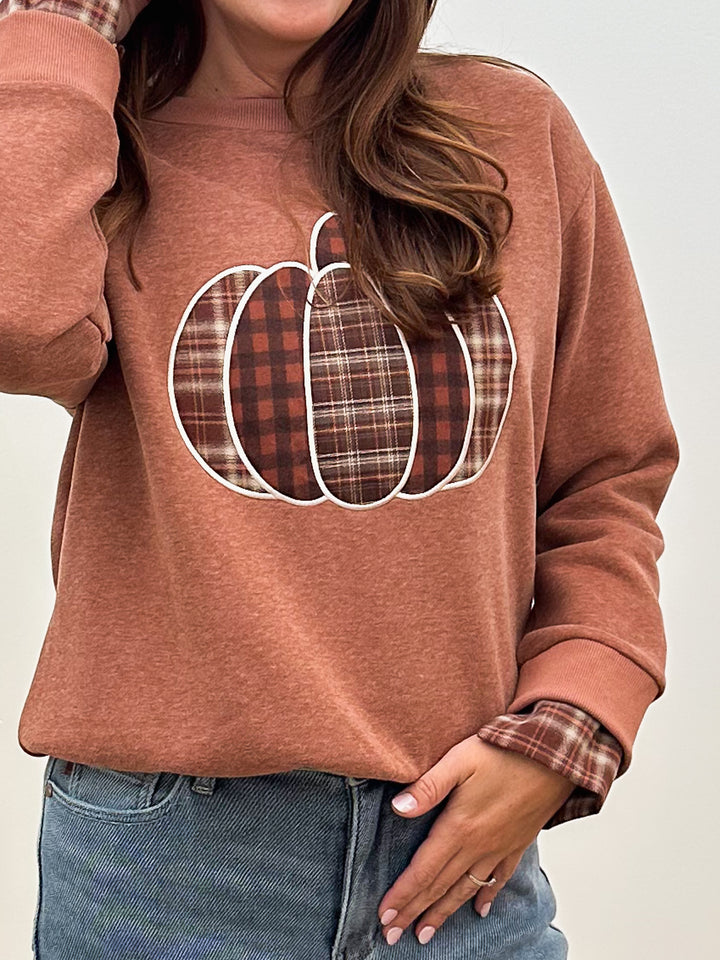 L/S PUMPKIN PATCHWORK TOP - CINNAMON