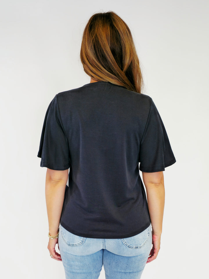 FLUTTER SHORT SLEEVE TOP - CHARCOAL