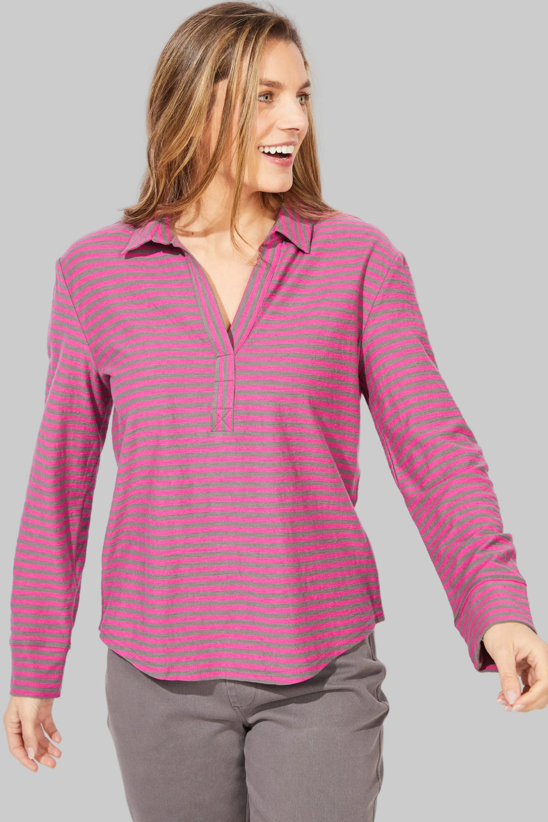 L/S COLLARED SPLIT NECK VERONA STRIPE TOP - FUCHSIA